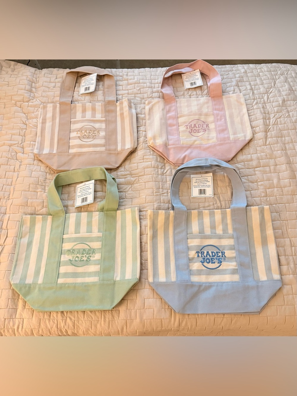 Trader Joe’s Mini Pastel Stripe Canvas Tote Bag Limited Edition Set Of 4 NEW - Picture 2 of 11